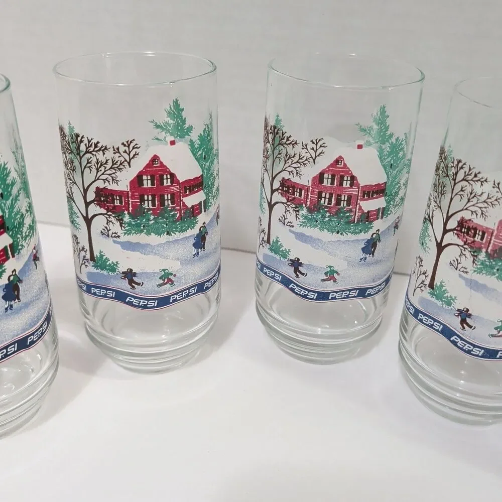 Vtg Pepsi Holiday 16oz Glasses Set of 6 Winter Cabin Snow Scene Retro